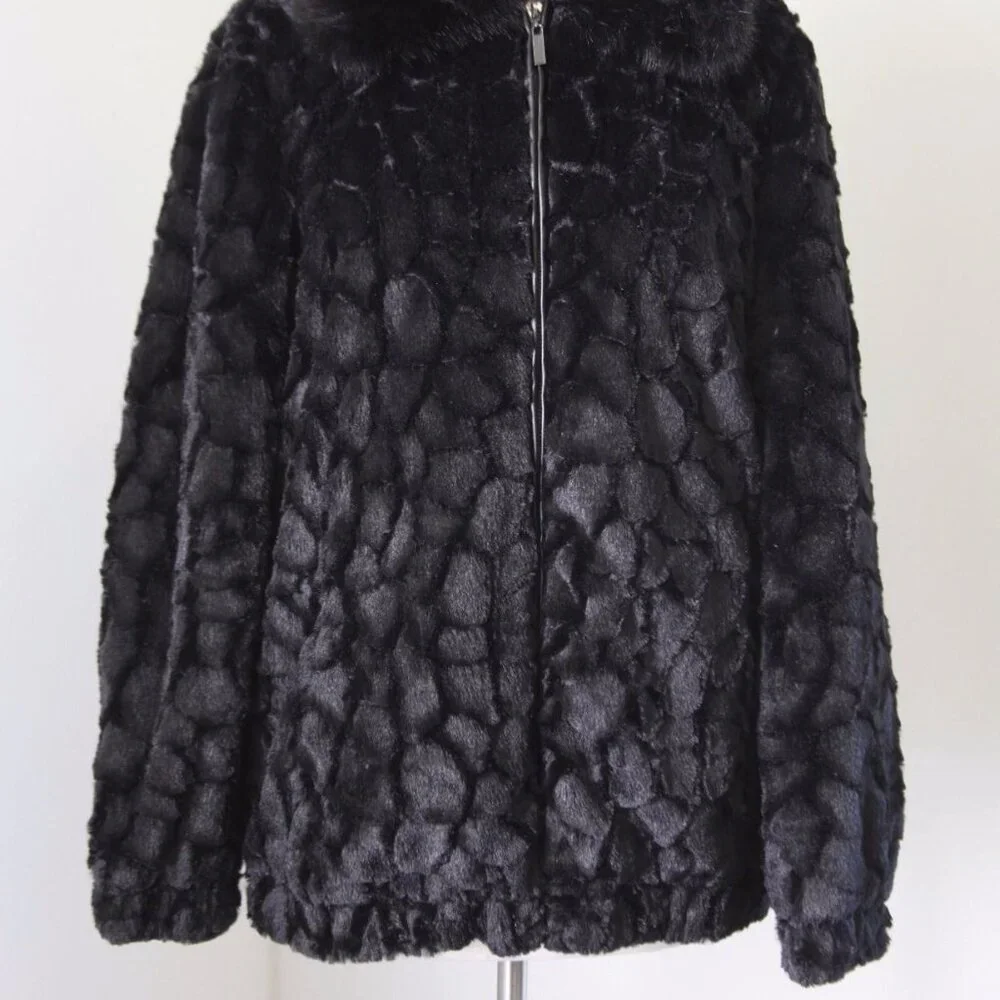 ADRIENNE LANDAU BLACK COLLARED FAUX FUR LONG SLEEVE JACKET COAT LG & XL NWT $275 - Picture 2 of 10